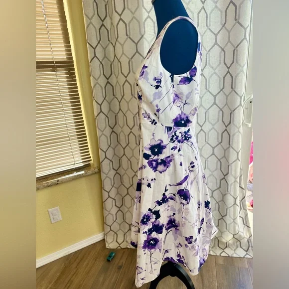 EUC DKNY White & Purple Floral Handkerchief Hem Fit-&-Flare Dress - Picture 8 of 16